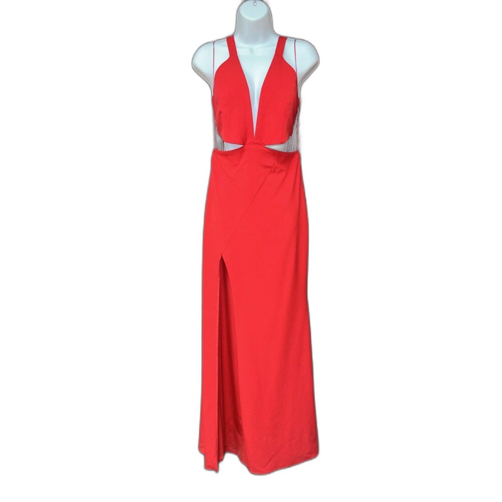 Michelle Mason Maxi Dress Women 10 Gown Halter Top Hook Slit Red V Neck Zip